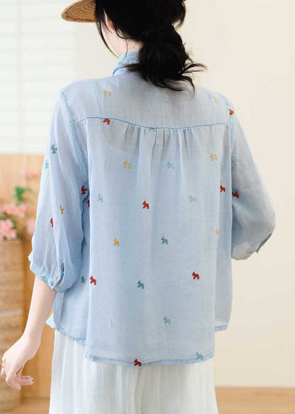White Ruffled Embroidered Linen Blouse Top Summer