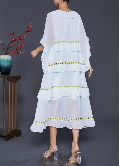 White Ruffled Patchwork Chiffon Beach Dress Summer
