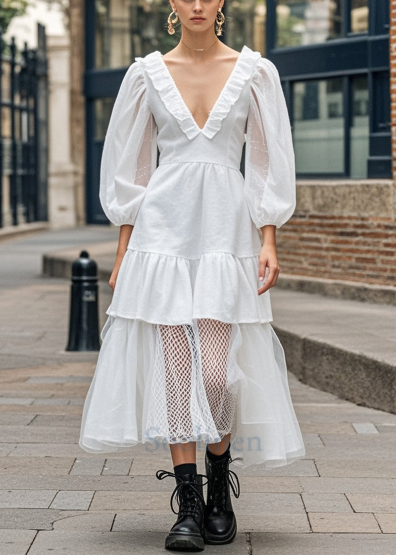 White Ruffled Patchwork Cotton Long Dress Bracelet Sleeve