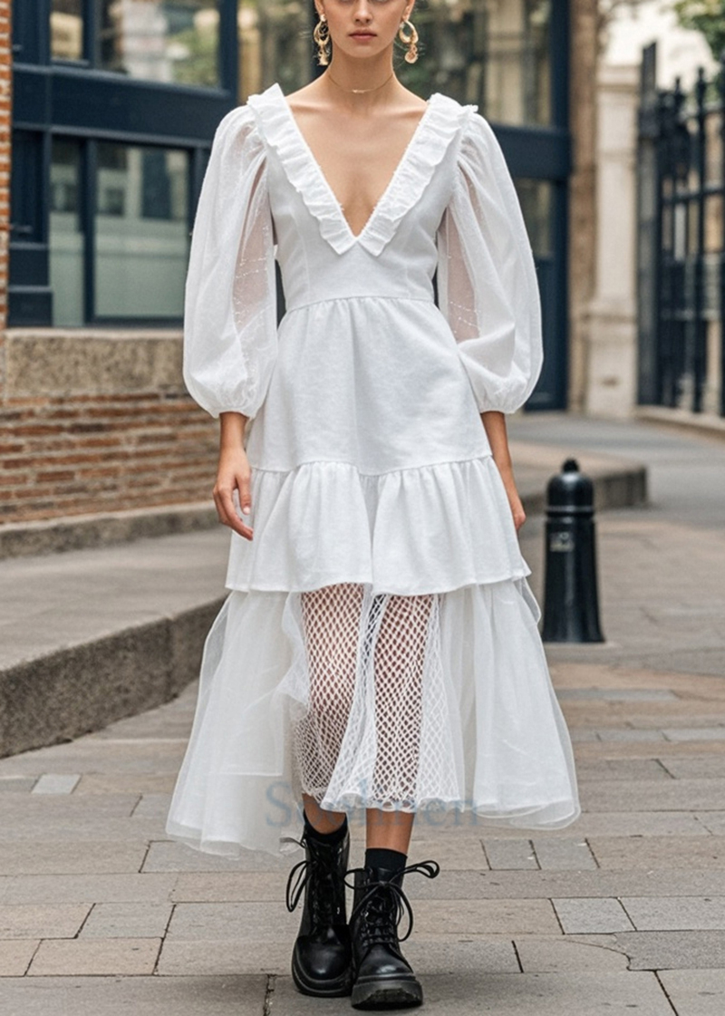 White Ruffled Patchwork Cotton Long Dress Bracelet Sleeve
