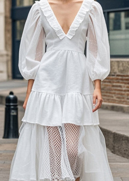 White Ruffled Patchwork Cotton Long Dress Bracelet Sleeve