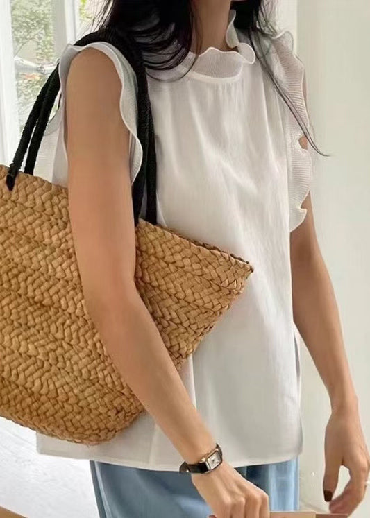 White Ruffled Patchwork Cotton Tanks Sleeveless