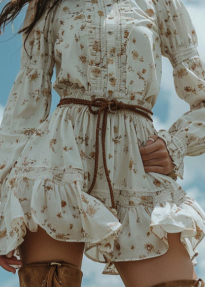 White Ruffled Print Patchwork Cotton Dress Long Sleeve