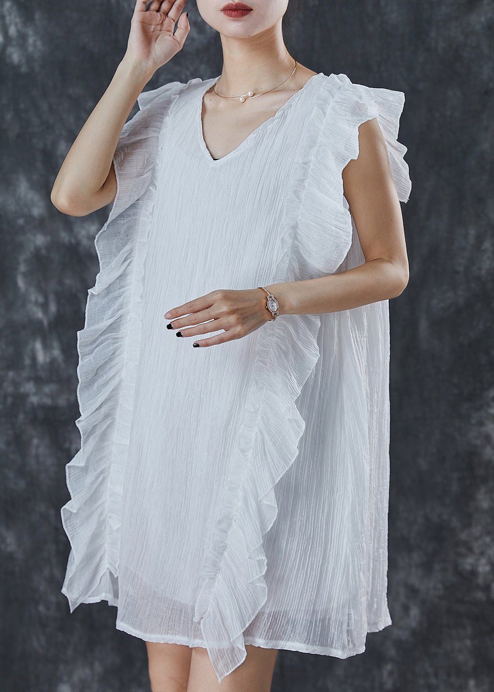 White Ruffles Patchwork Chiffon Work Dress Summer