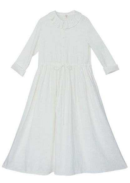 White Ruffles Pockets Summer Linen Dress