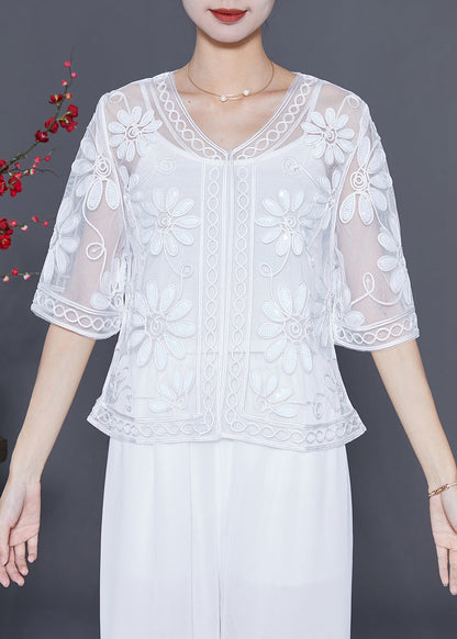 White Sequins Embroideried Tulle Cardigan Summer