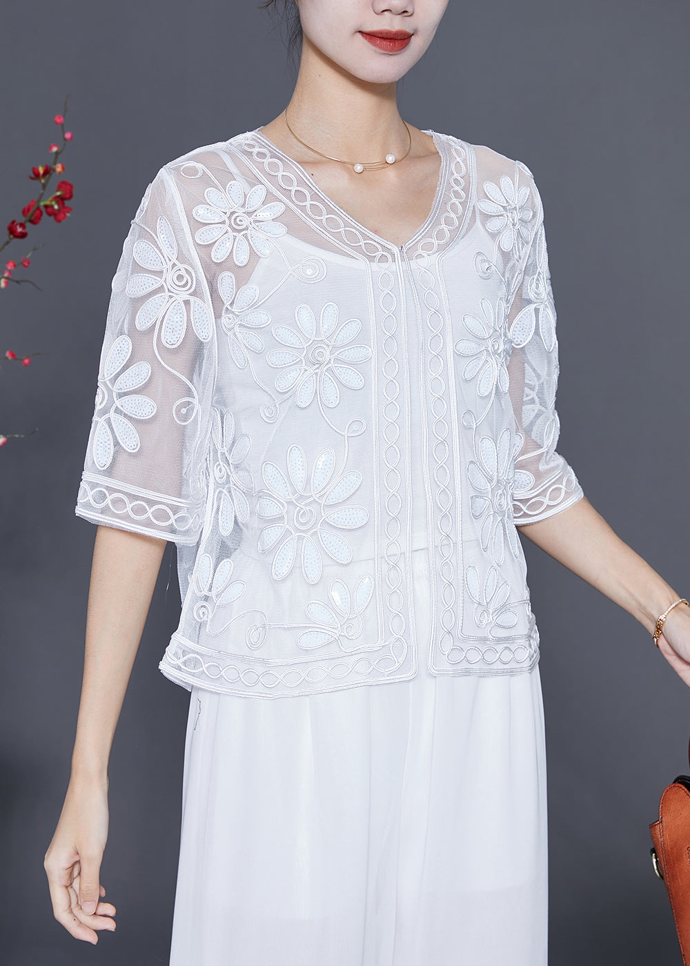 White Sequins Embroideried Tulle Cardigan Summer