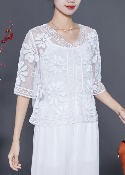 White Sequins Embroideried Tulle Cardigan Summer