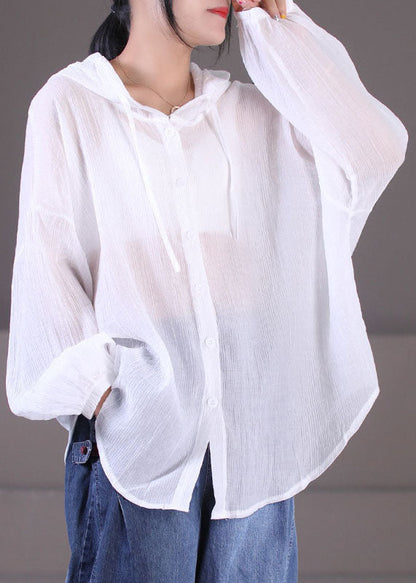 White Color Drawstring Hooded Cotton Loose Coat Long Sleeve