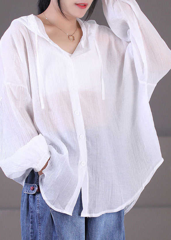 White Color Drawstring Hooded Cotton Loose Coat Long Sleeve