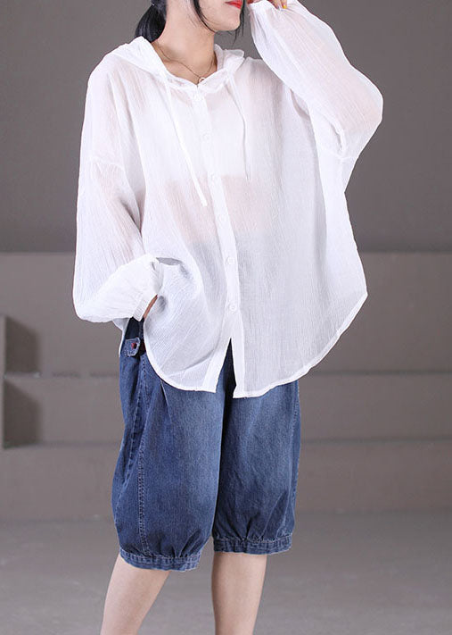 White Color Drawstring Hooded Cotton Loose Coat Long Sleeve