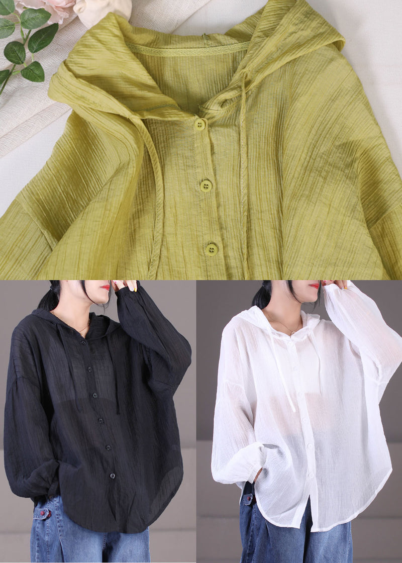 White Color Drawstring Hooded Cotton Loose Coat Long Sleeve