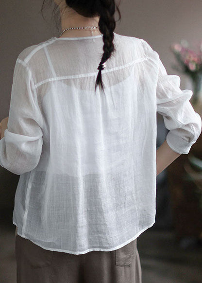 Women White Solid O-Neck Linen Shirt Tops Long Sleeve
