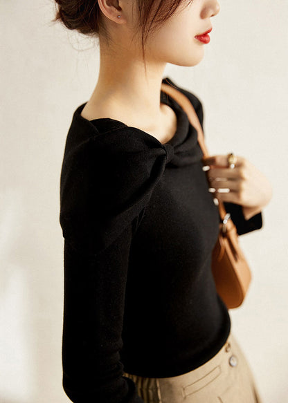 White Square Collar Bow Cotton Knit Tops Fall