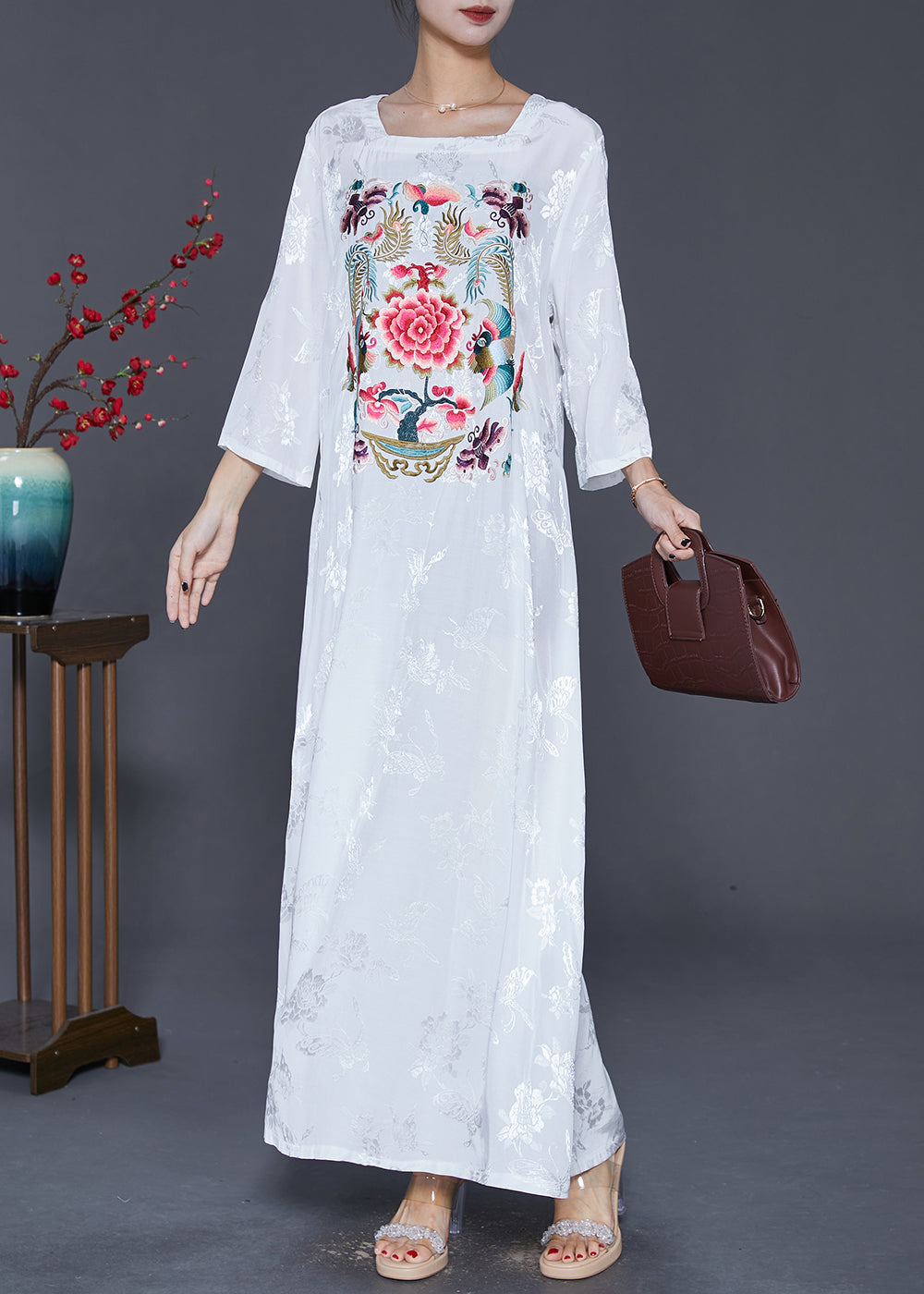 White Square Collar Embroideried Silk Ankle Dress Fall