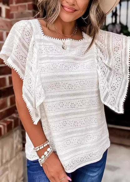 White Square Collar Hollow Out Lace Blouses Summer