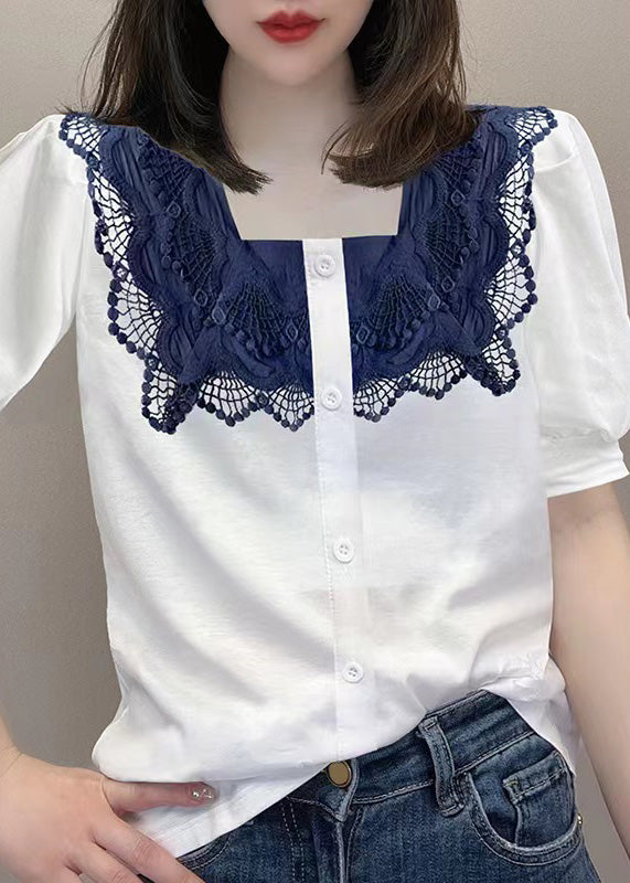 White Square Collar Lace Patchwork Button Shirt Short Sleeve