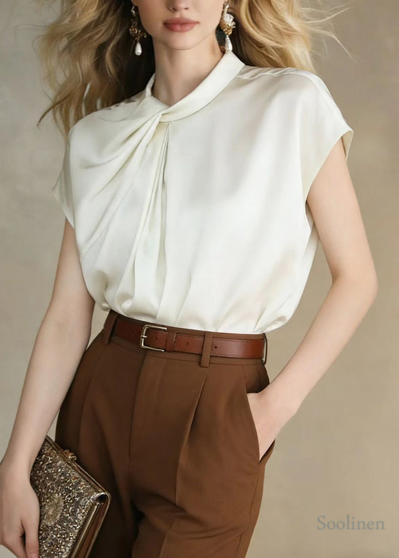 White Stand Collar Asymmetrical Design Chiffon Tank Tops Summer