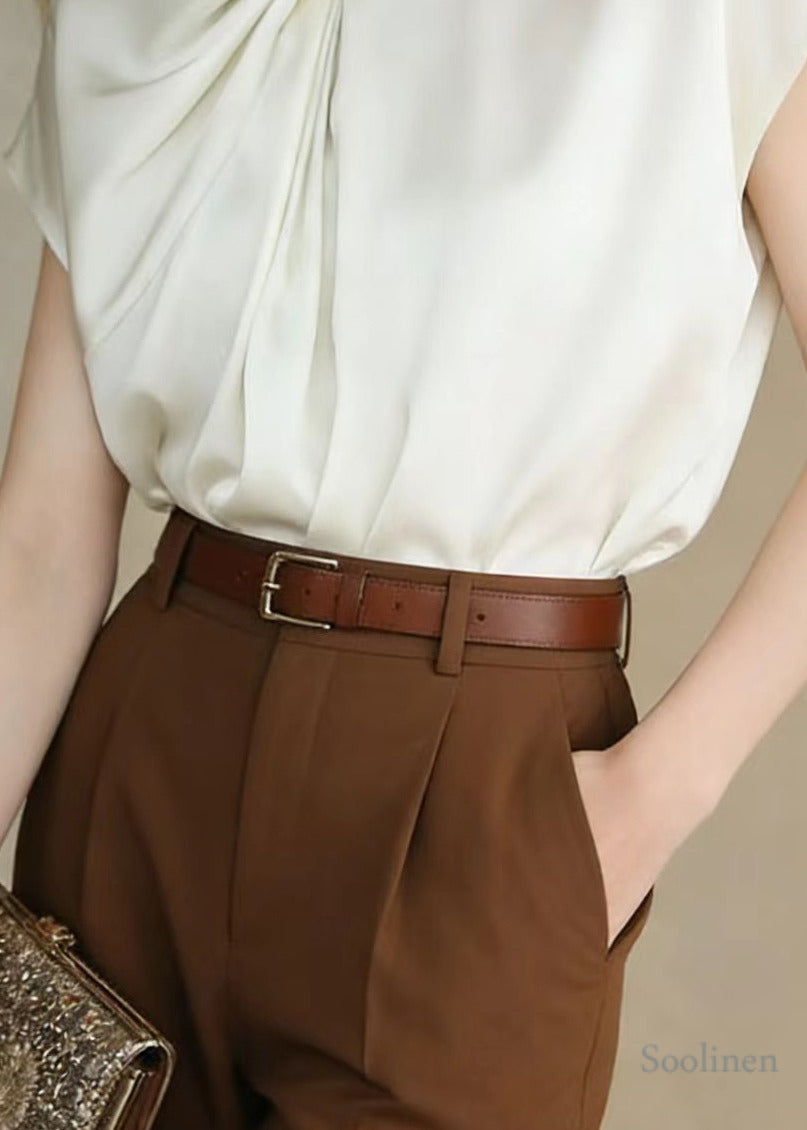 Women White Stand Collar Asymmetrical Design Chiffon Tank Tops Summer