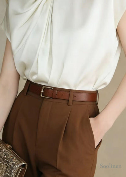 Women White Stand Collar Asymmetrical Design Chiffon Tank Tops Summer