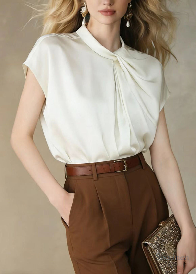 White Stand Collar Asymmetrical Design Chiffon Tank Tops Summer