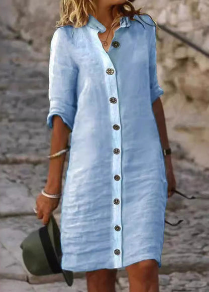 White Stand Collar Button Cotton Shirts Dresses Half Sleeve