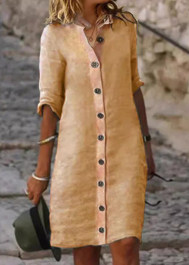 White Stand Collar Button Cotton Shirts Dresses Half Sleeve