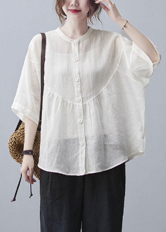White Stand Collar Button Summer Cotton Linen Blouses