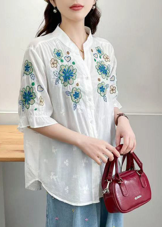 White Stand Collar Embroidered Cotton Tops Summer