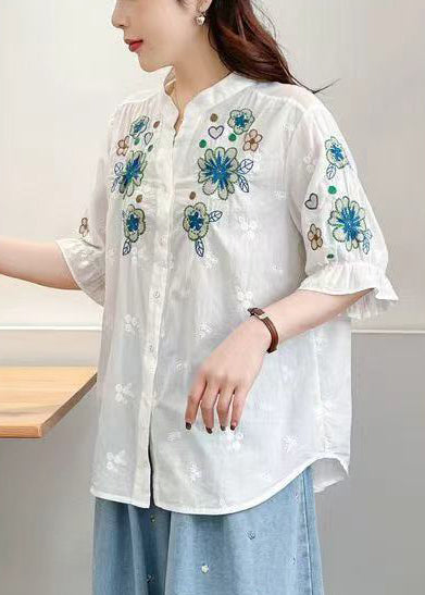 White Stand Collar Embroidered Cotton Tops Summer