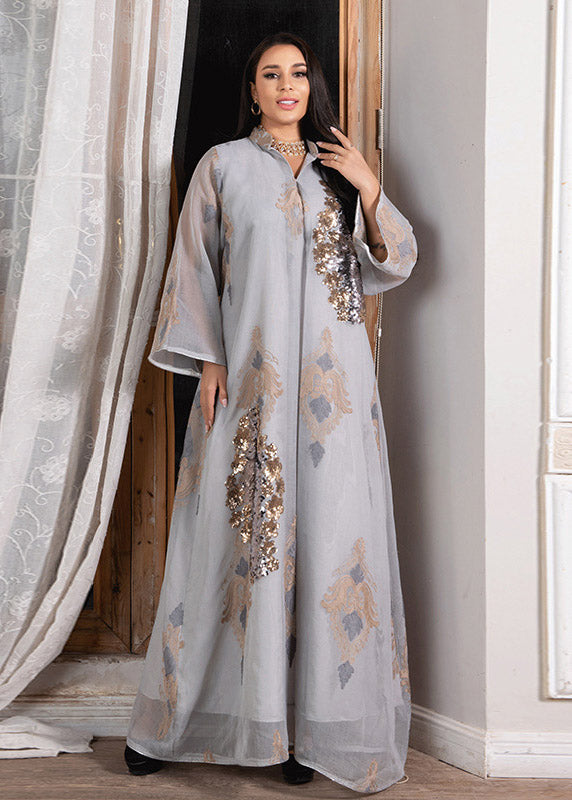 White Stand Collar Embroideried Sequins Tulle Maxi Dresses Long Sleeve