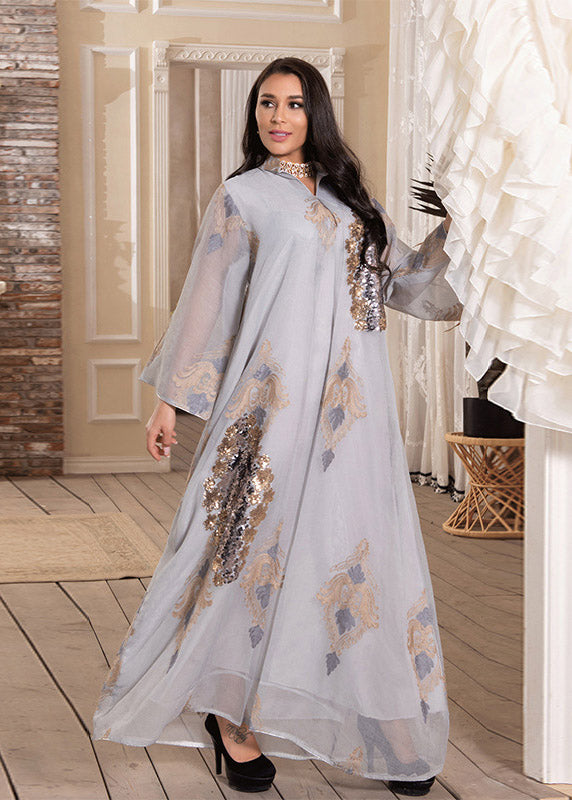 White Stand Collar Embroideried Sequins Tulle Maxi Dresses Long Sleeve