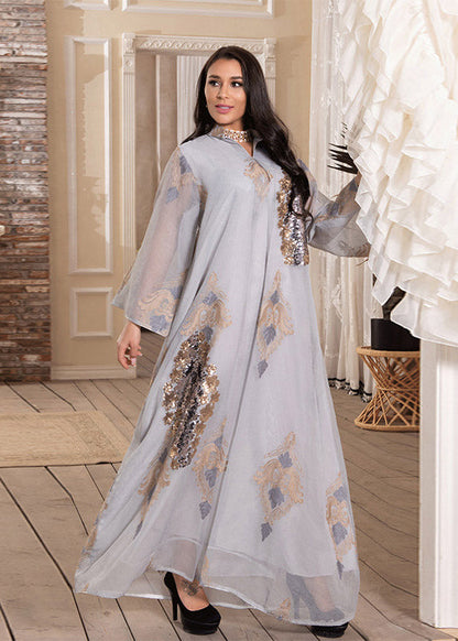 White Stand Collar Embroideried Sequins Tulle Maxi Dresses Long Sleeve