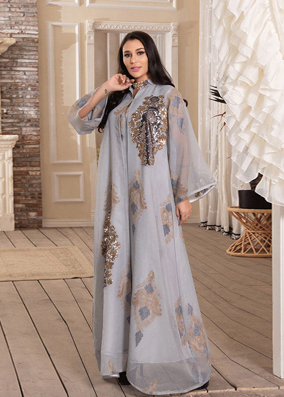 White Stand Collar Embroideried Sequins Tulle Maxi Dresses Long Sleeve