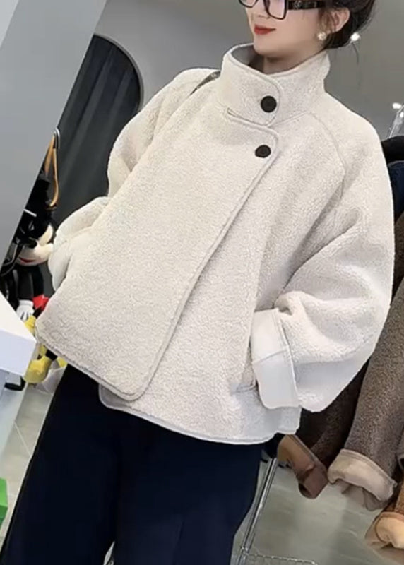 White Stand Collar Patchwork Pockets Faux Fur Coats Spring