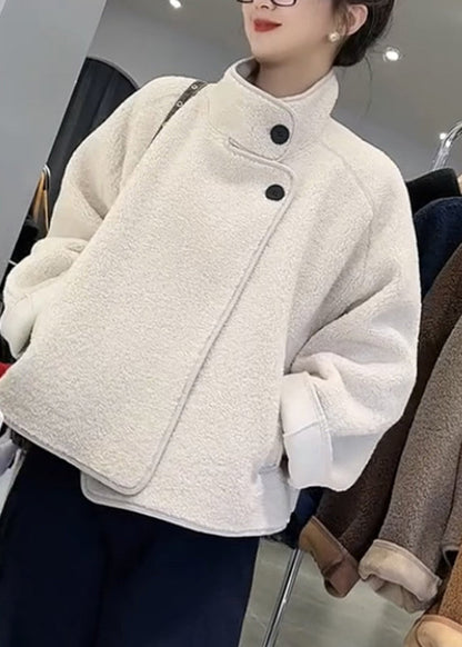White Stand Collar Patchwork Pockets Faux Fur Coats Spring