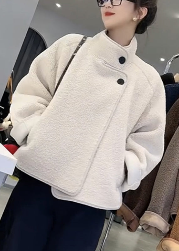 White Stand Collar Patchwork Pockets Faux Fur Coats Spring