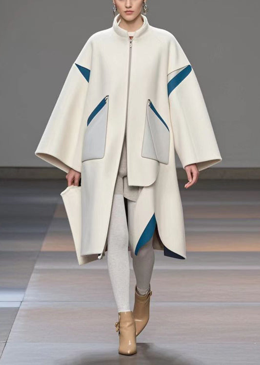 White Stand Collar Patchwork Woolen Loose Trench Coat Fall