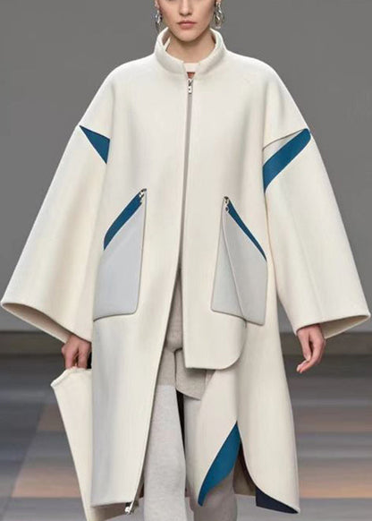 White Stand Collar Patchwork Woolen Loose Trench Coat Fall