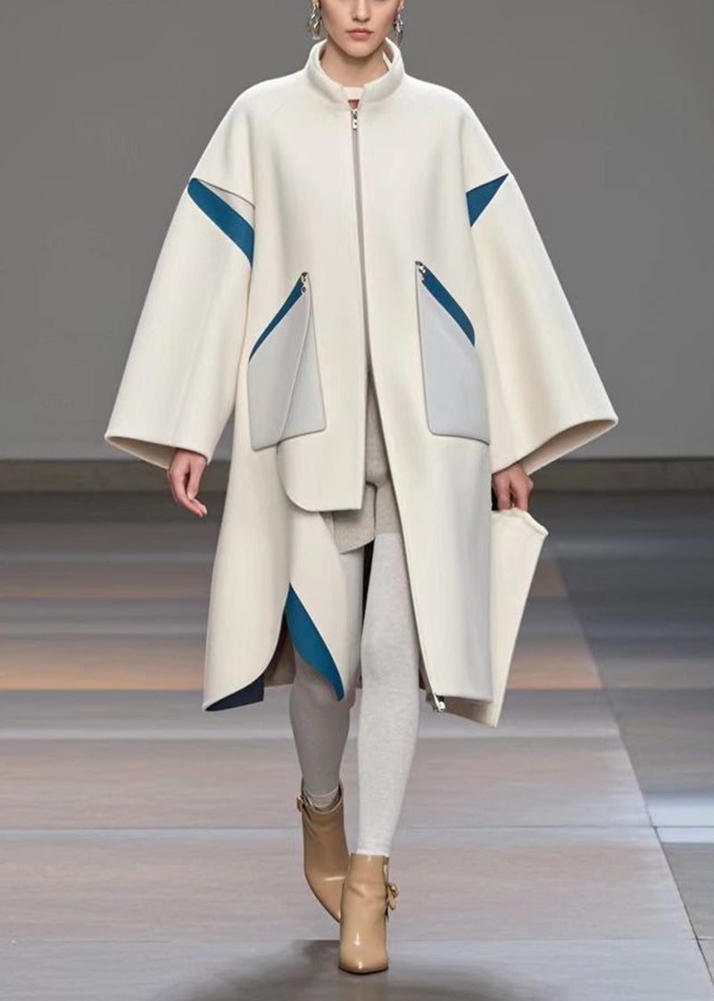 White Stand Collar Patchwork Woolen Loose Trench Coat Fall