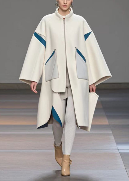 White Stand Collar Patchwork Woolen Loose Trench Coat Fall