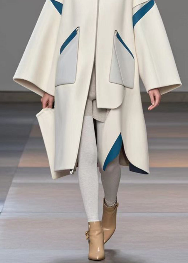 White Stand Collar Patchwork Woolen Loose Trench Coat Fall
