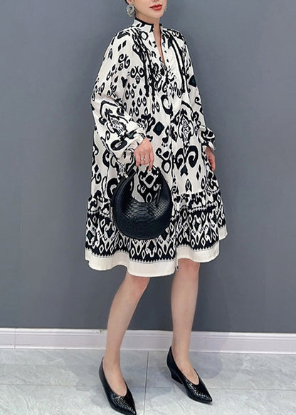 White Stand Collar Print Maxi Dresses Lantern Sleeve