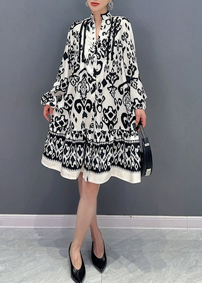 White Stand Collar Print Maxi Dresses Lantern Sleeve