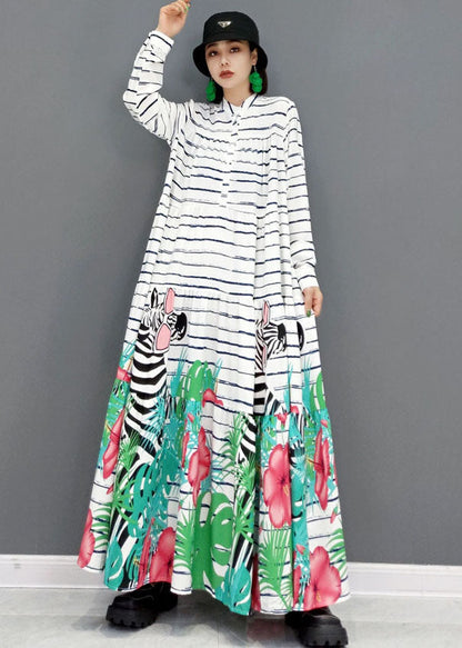 White Stand Collar Striped Print Cotton Party Long Dress Long Sleeve