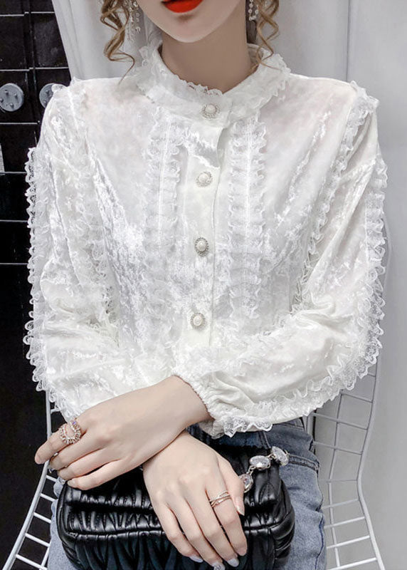 Women White Stand Collar button Lace Patchwork Velour Shirt Tops Long sleeve