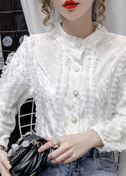 White Stand Collar Button Lace Patchwork Velour Shirt Tops Long Sleeve