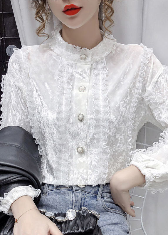 White Stand Collar Button Lace Patchwork Velour Shirt Tops Long Sleeve