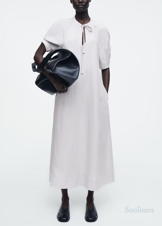 White Tie Neck Cotton Tunic Dress Summer