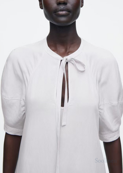 White Tie Neck Cotton Tunic Dress Summer
